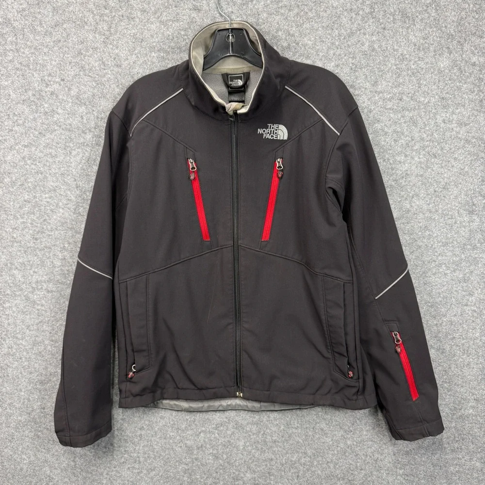 The North Face Apex Softshell Jacket Black Red Zip Pockets Fleece Lined Mens L